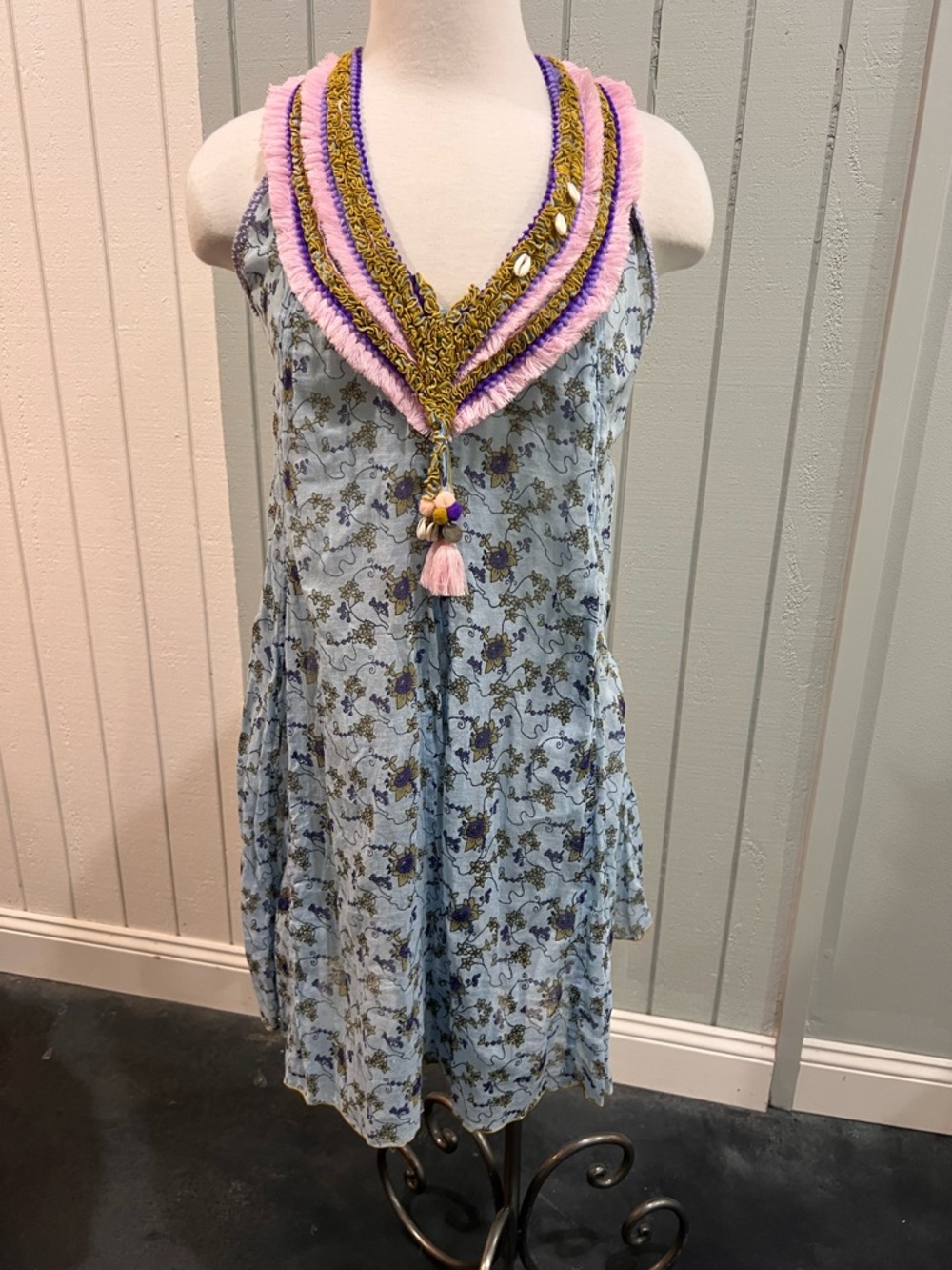 Poupette St. Barth Light Blue Floral Tassel-Trim V-Neck Dress